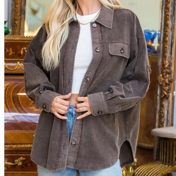 Sweet Lovely By Jen Mocha Corduroy Shacket S - Picture 1 of 4